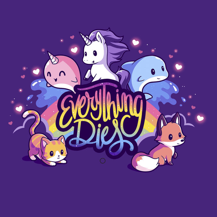 Classic Cotton T-shirt_TeeTurtle purple Everything Dies apparel featuring a rainbow with animals and mythical creatures, text reads "Everything Dies".