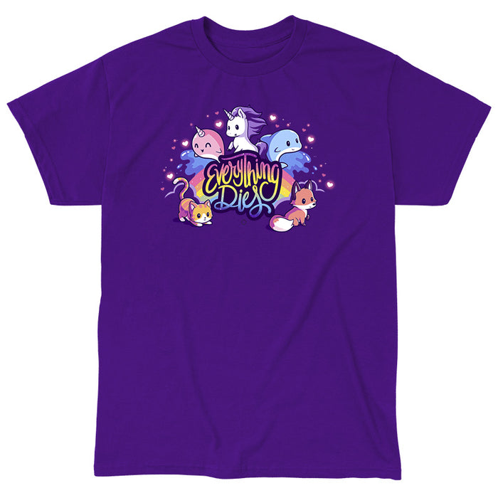 Classic Cotton T-shirt_TeeTurtle purple Everything Dies apparel featuring a rainbow with animals and mythical creatures, text reads "Everything Dies".