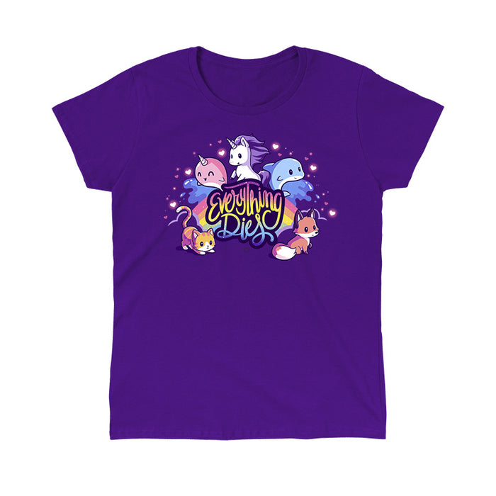 Classic Cotton T-shirt_TeeTurtle purple Everything Dies apparel featuring a rainbow with animals and mythical creatures, text reads "Everything Dies".