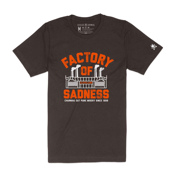 Black t-shirt with 'Factory of Sadness' graphic design on a white background