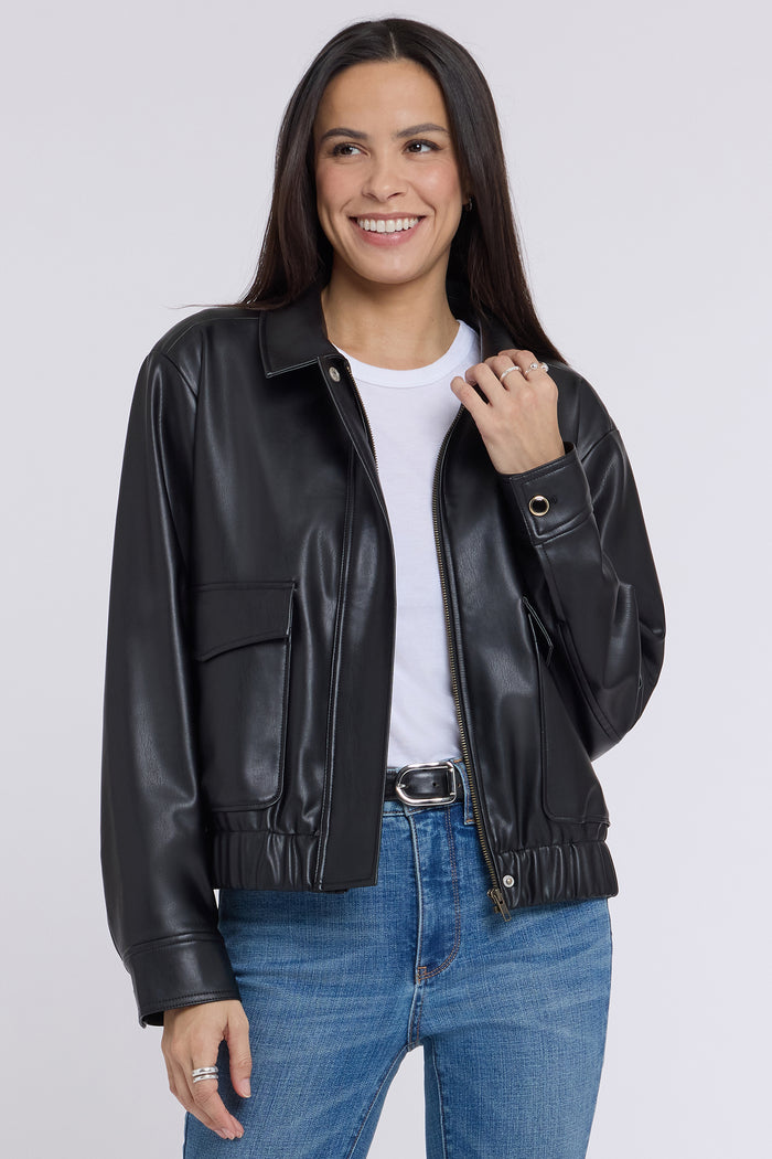 Faux Leather Baseball Jacket - Black