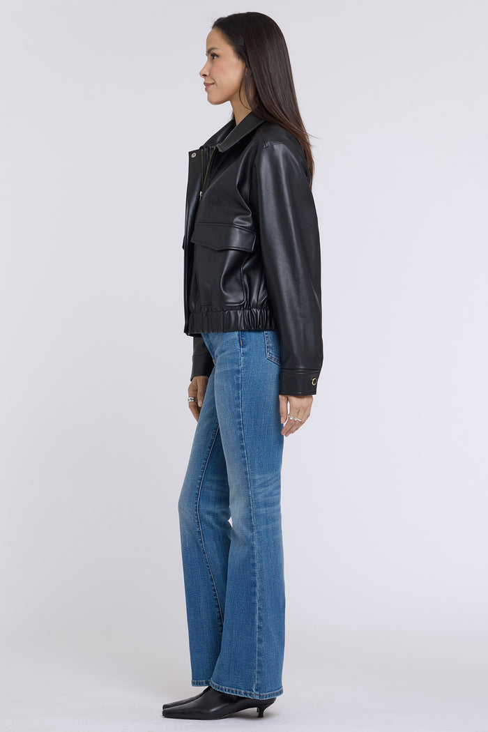 Faux Leather Baseball Jacket - Black