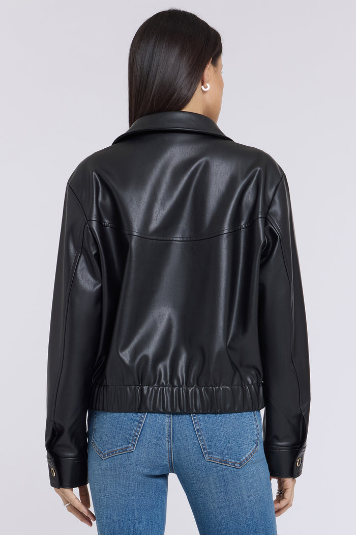 Faux Leather Baseball Jacket - Black