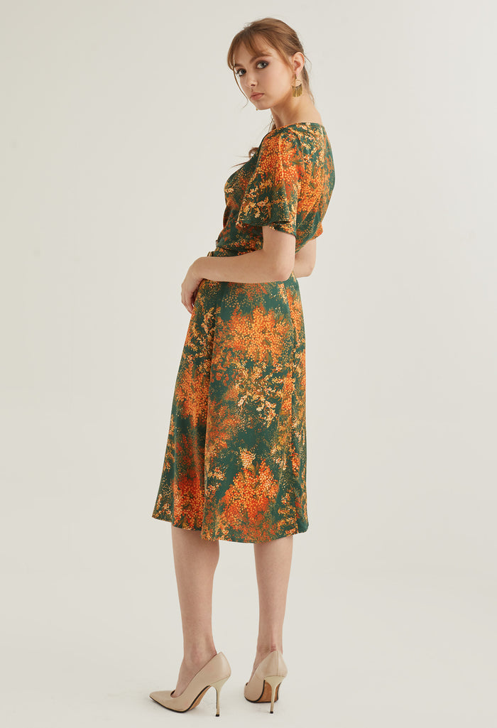 Faux Wrap Floral Burst Midi Skirt