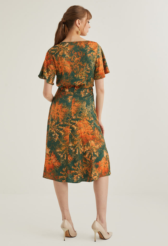 Faux Wrap Floral Burst Midi Skirt