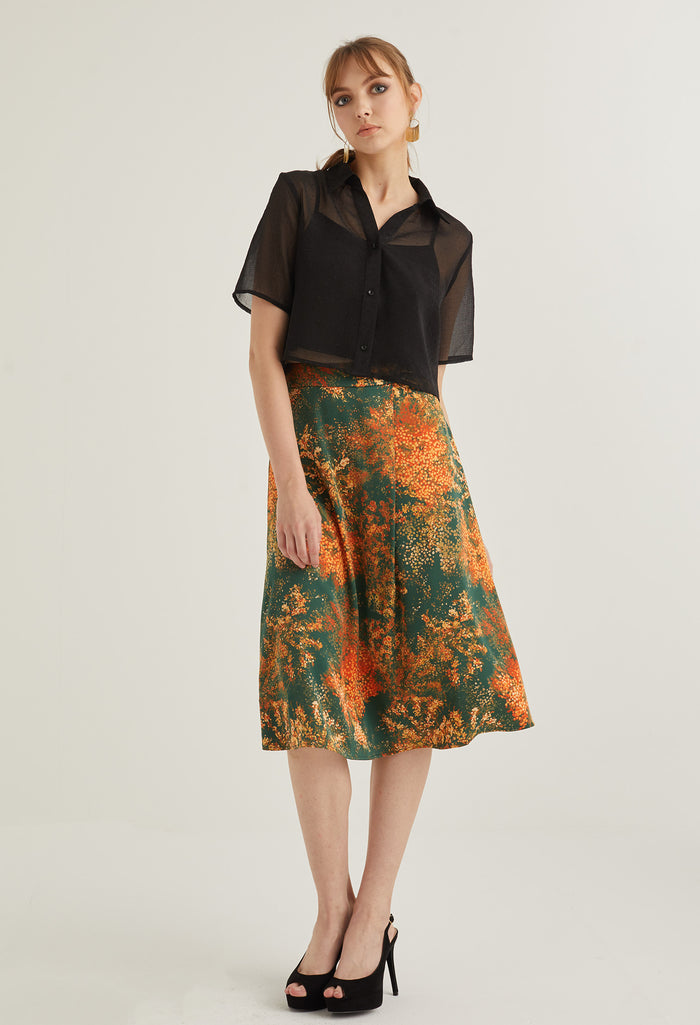 Faux Wrap Floral Burst Midi Skirt