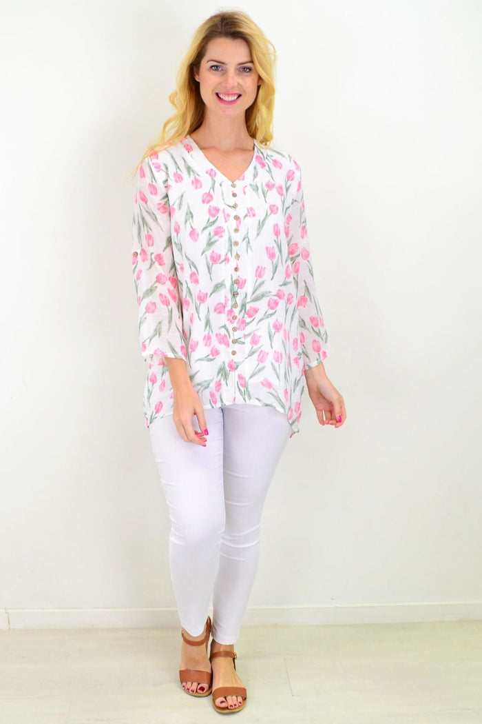 Floral spring tulip button-up sleeve tunic blouse by Caroline Morgan, featuring a relaxed fit and vibrant flower pattern.