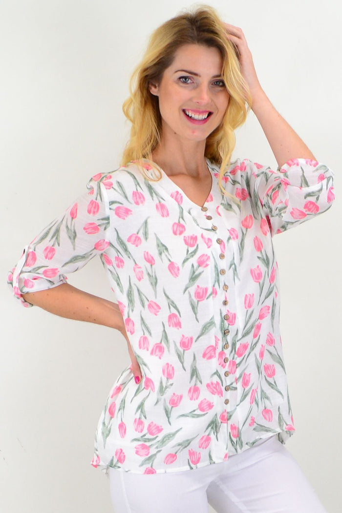 Caroline Morgan floral tulip button-up sleeve tunic blouse with spring-inspired design and lightweight fabric.