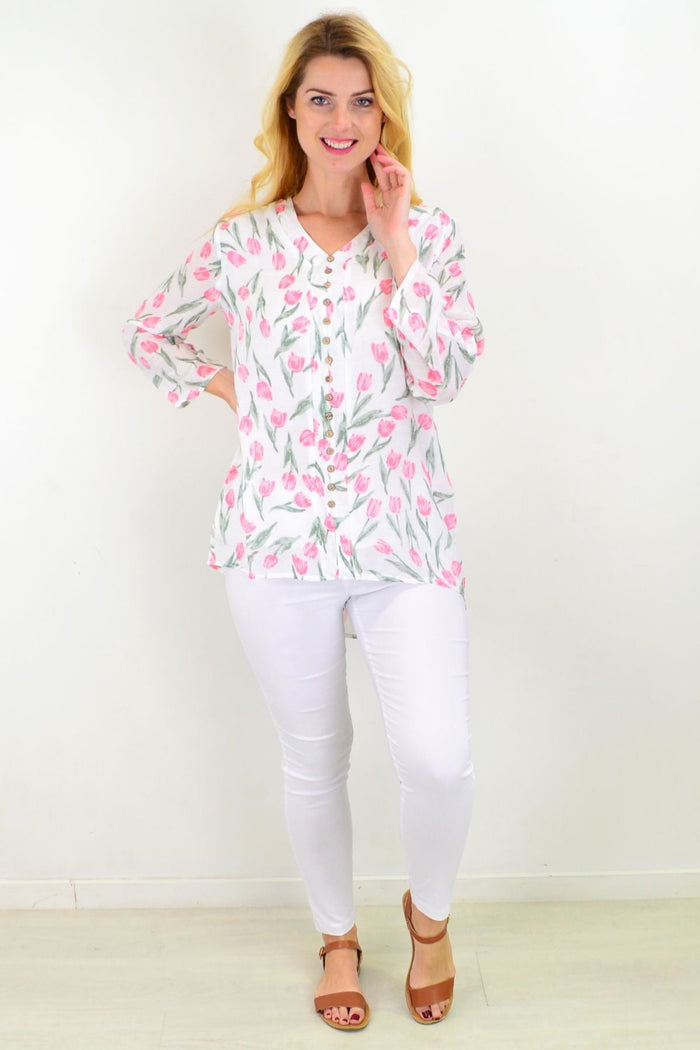 Caroline Morgan floral floating tulip button-up sleeve tunic blouse with spring-inspired design and flowing fit.