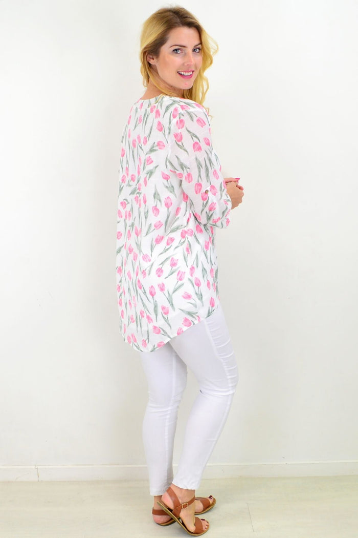 Caroline Morgan floral-print floating tulip button-up sleeve tunic blouse with elegant flowy design and vibrant floral pattern.