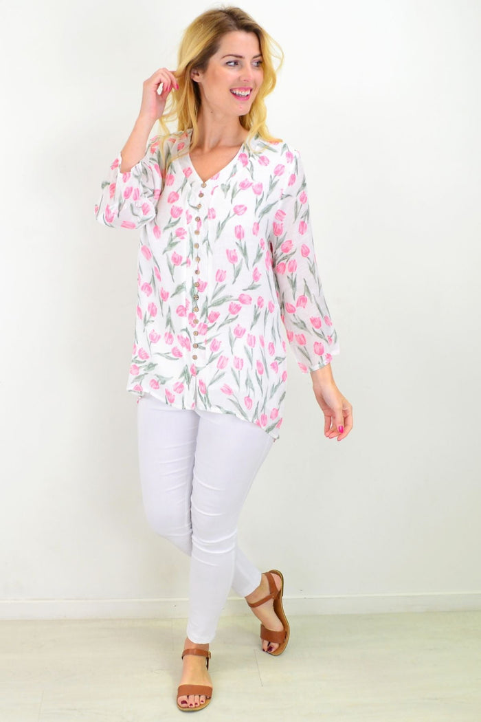 Caroline Morgan floral tulip button-up sleeve tunic blouse with spring-inspired design and relaxed fit.