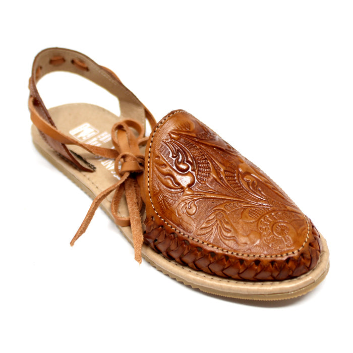 brown leather lace up sandal with hand-tooled floral detailing on the toe box