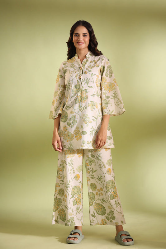 Flora Off White Cotton Flex Palazzo Loungewear Set