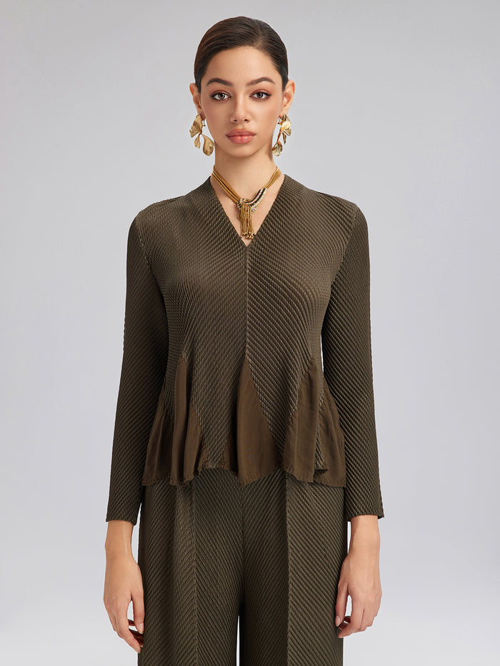 Floral Bud-Edge Textured V-Neck Top
