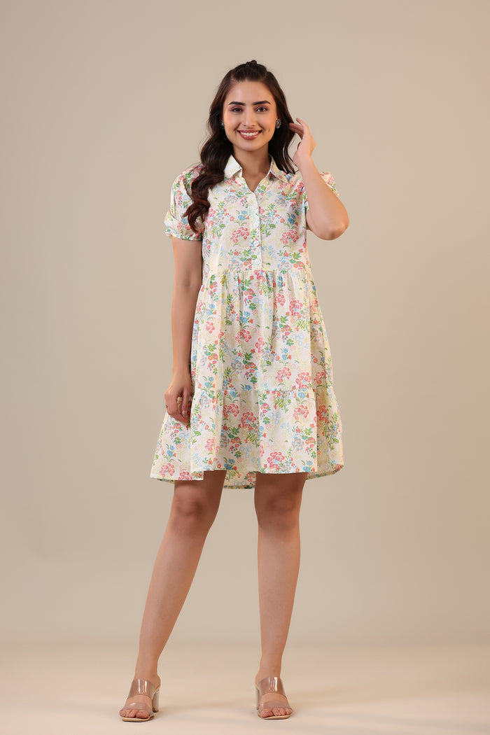 Floral Canopies on Off white Collared Cotton T-shirt dress