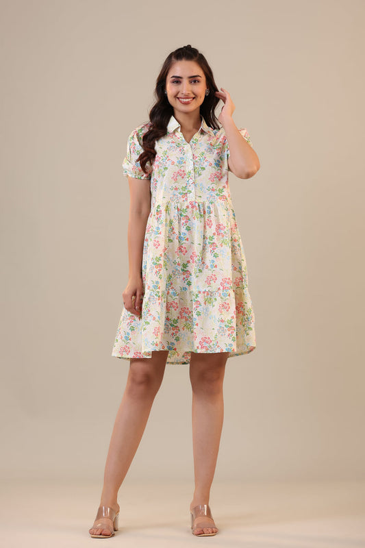 Floral Canopies on Off white Collared Cotton T-shirt dress