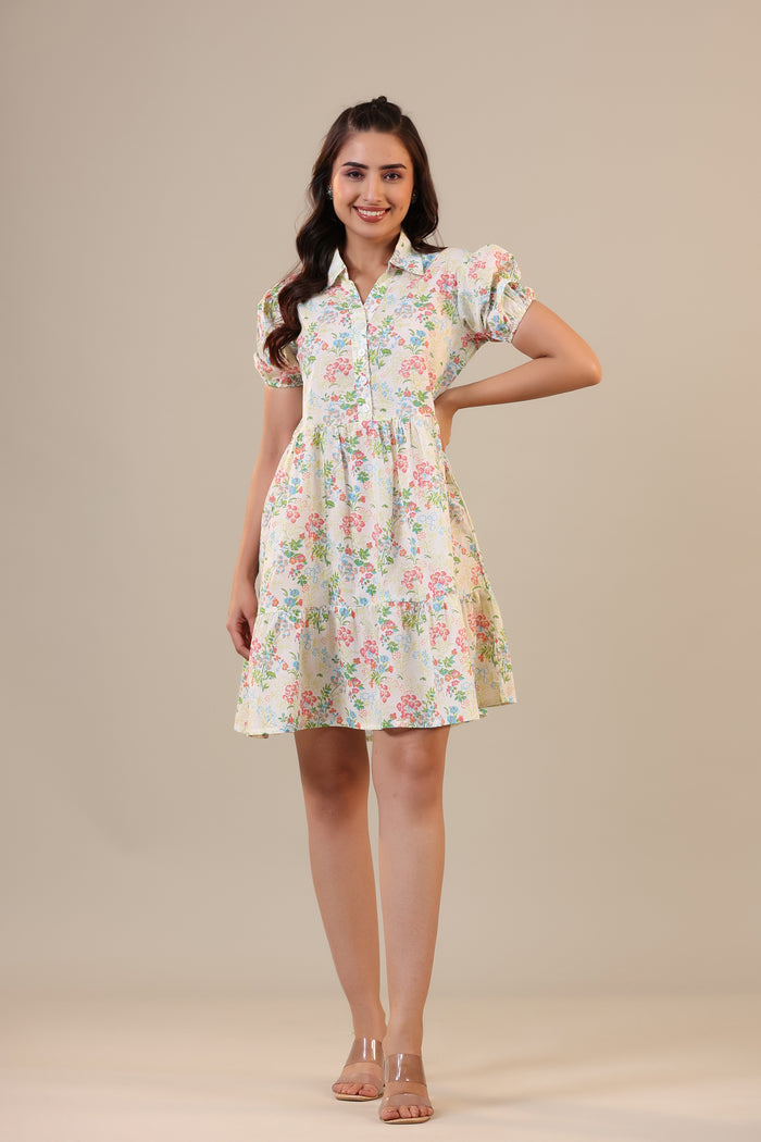 Floral Canopies on Off white Collared Cotton T-shirt dress
