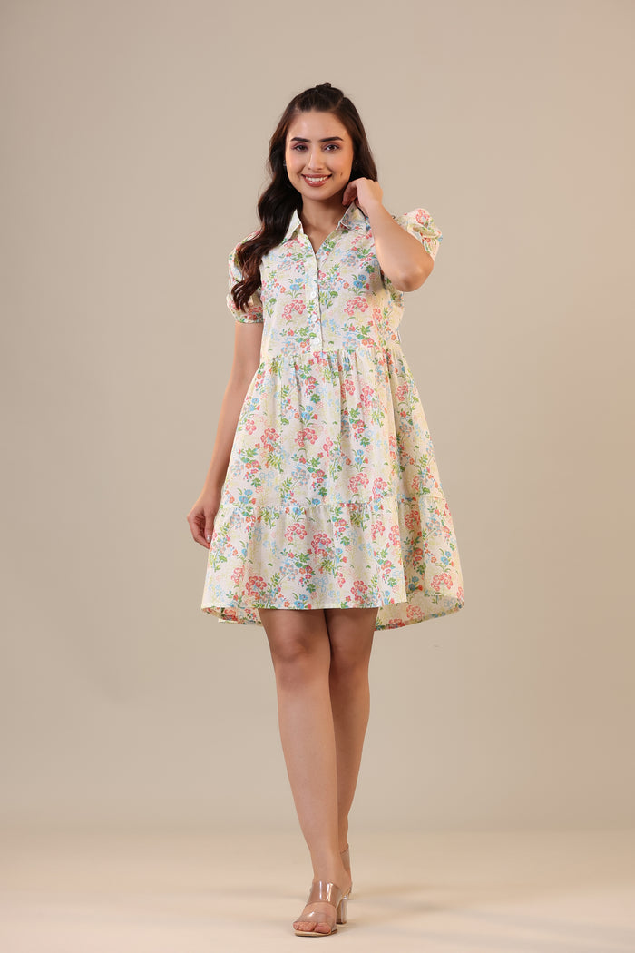 Floral Canopies on Off white Collared Cotton T-shirt dress