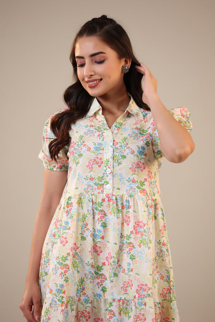 Floral Canopies on Off white Collared Cotton T-shirt dress