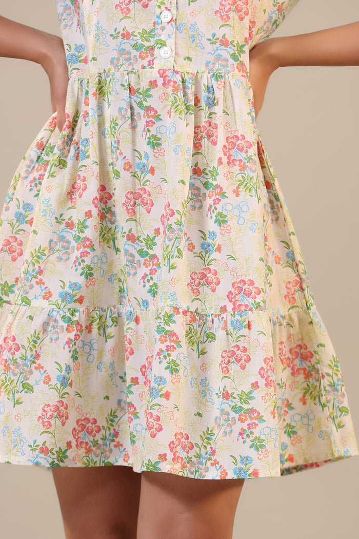 Floral Canopies on Off white Collared Cotton T-shirt dress