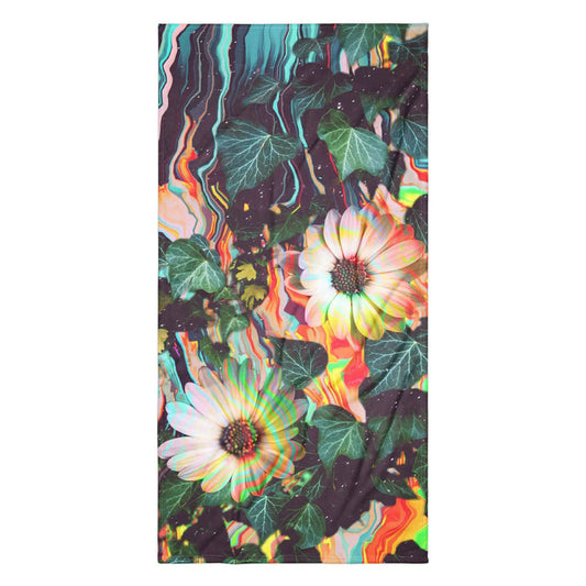 Two photorealistic daisy blooms and veined English ivy are consumed by a psychedelic "glitch art" effect, where organic forms melt into vertical, liquid striations. Contact us with accessibility feedback, we'd love to help!