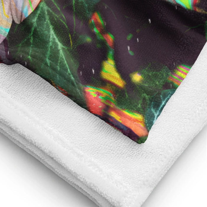 Floral Glitch Beach Towel - The aggressive chromatic aberration splitting the white daisy petals into neon #00FFFF cyan and #FF00FF magenta ghosts against the #1A1120 void background.