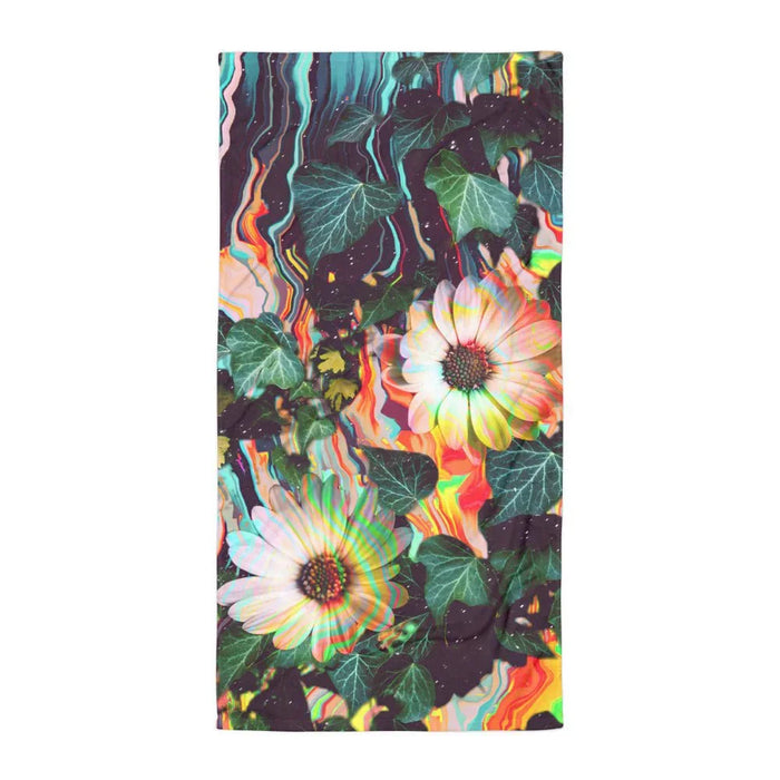 Floral Glitch Beach Towel in Digital Flora Meltdown. REACH Compliant, Zero-Wastewater Printing, Made-to-Order (Zero Overproduction).