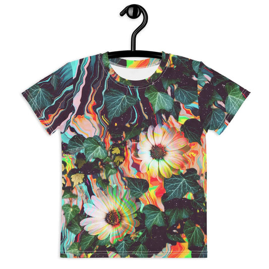 A surreal collage juxtaposes photorealistic daisy blooms (creamy white and Peach Puff) with deep Digital Ivy leaves against a backdrop resembling a corrupted video file. Contact us with accessibility feedback, we'd love to help!
