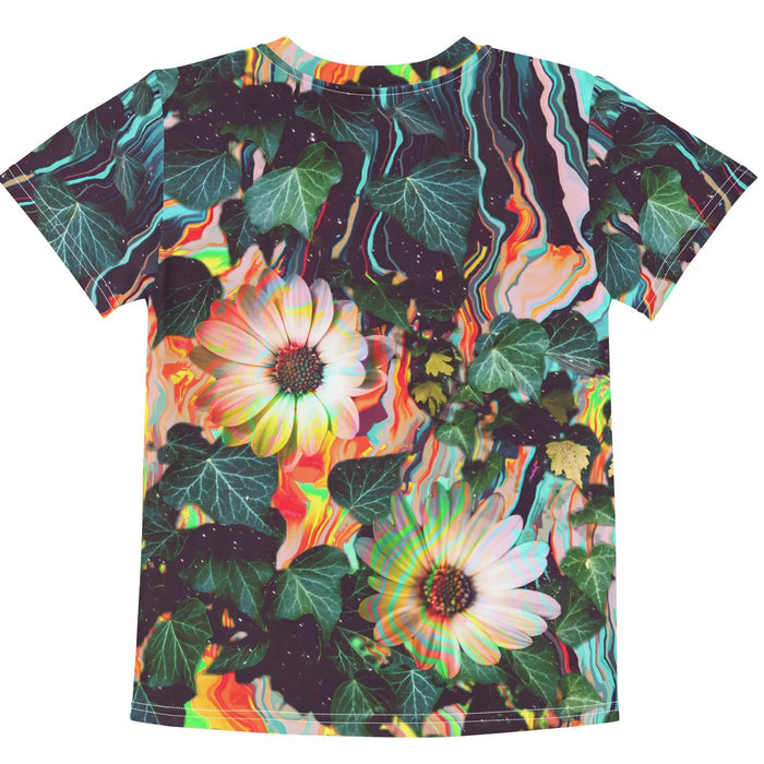 Floral Glitch Kid's T-Shirt - The specific "melted" transition where photorealistic daisy petals (`#FFDAB9`) disintegrate into horizontal bands of Cyber Aqua (`#00FFFF`) and Molten Circuit orange (`#FF4500`)