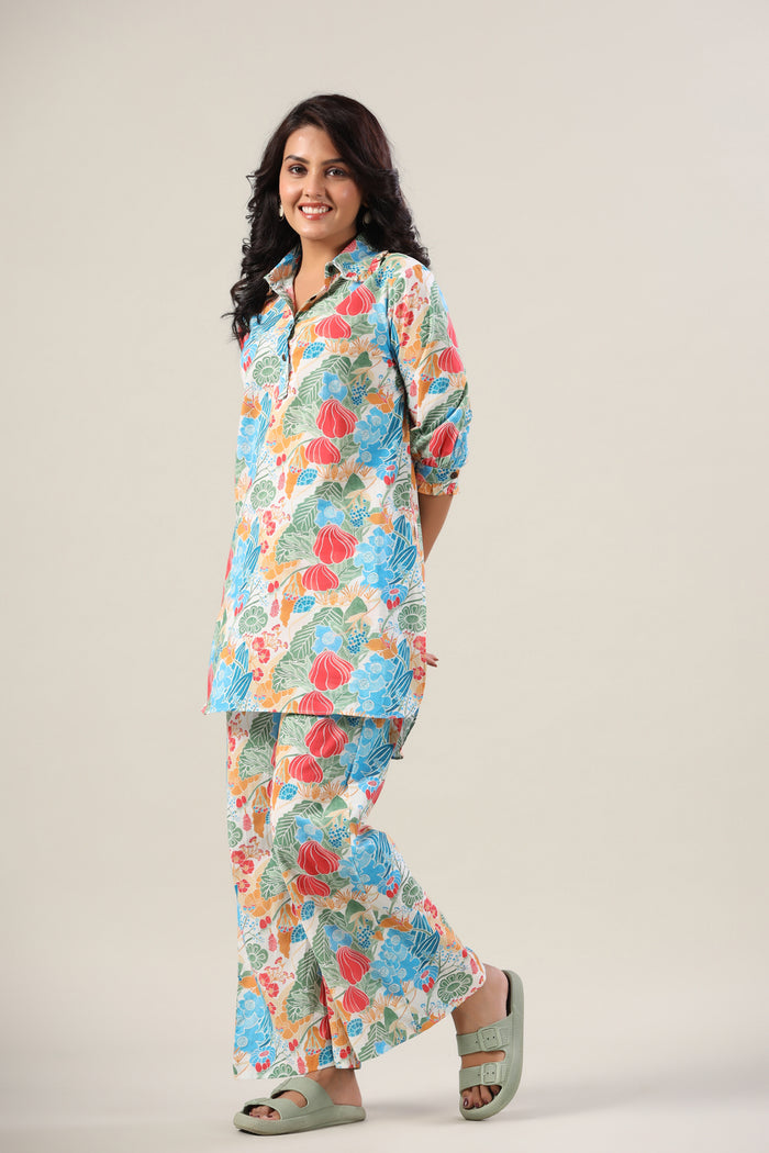 Floral Jaal on Collared Cotton Palazzo Loungewear Set