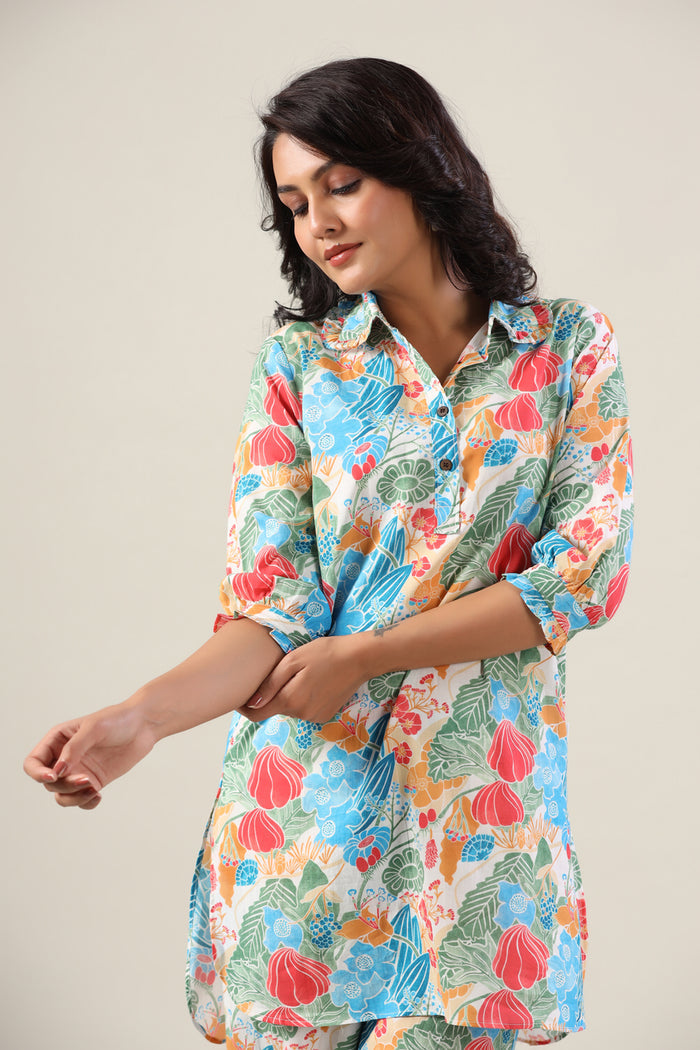 Floral Jaal on Collared Cotton Palazzo Loungewear Set