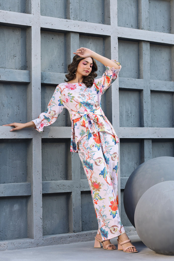 Floral Jaal on Pink Front Tie Russian Silk Co-ord set