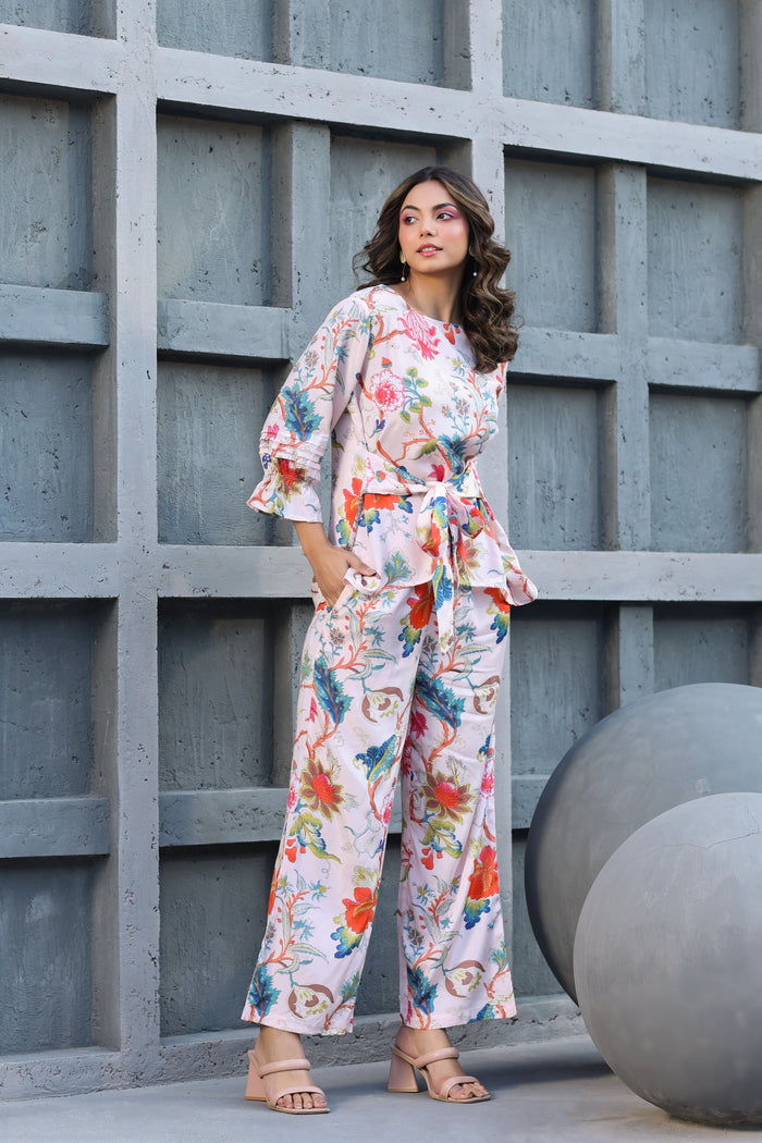 Floral Jaal on Pink Front Tie Russian Silk Co-ord set