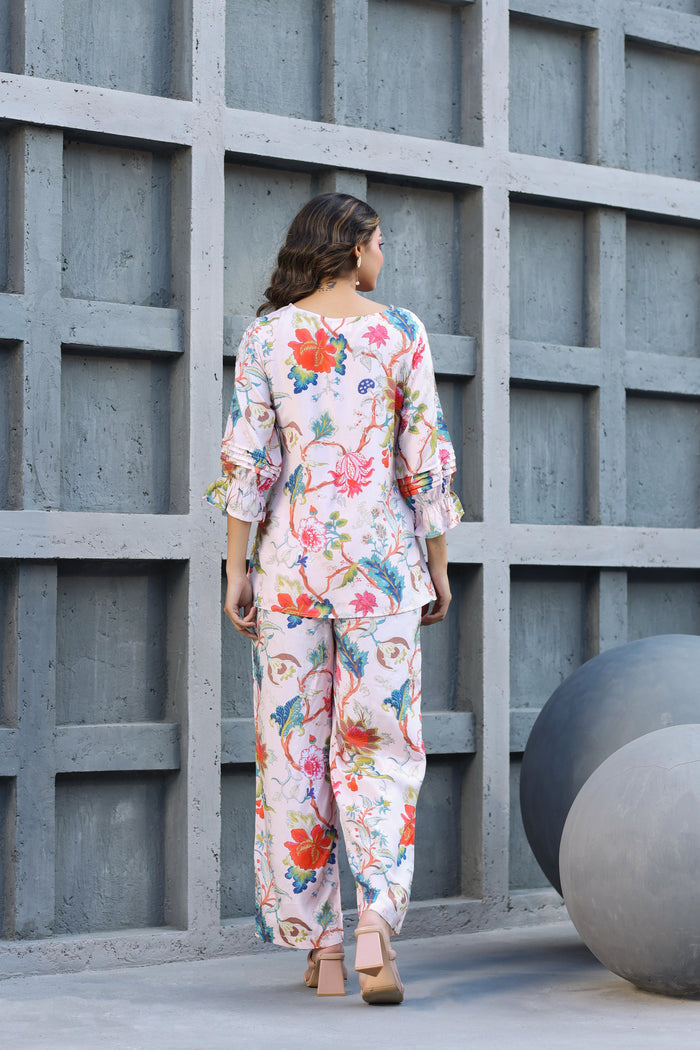 Floral Jaal on Pink Front Tie Russian Silk Co-ord set