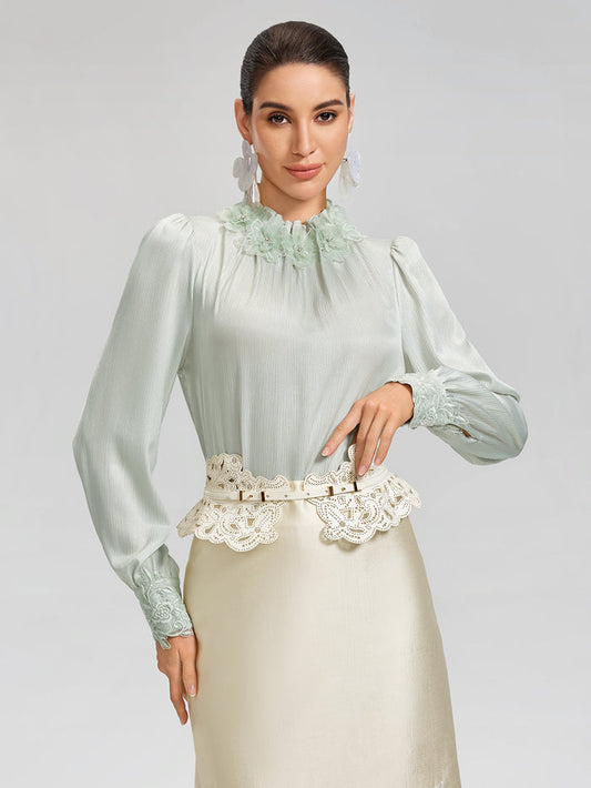 Floral Lace-Trim Puff-Sleeve Top