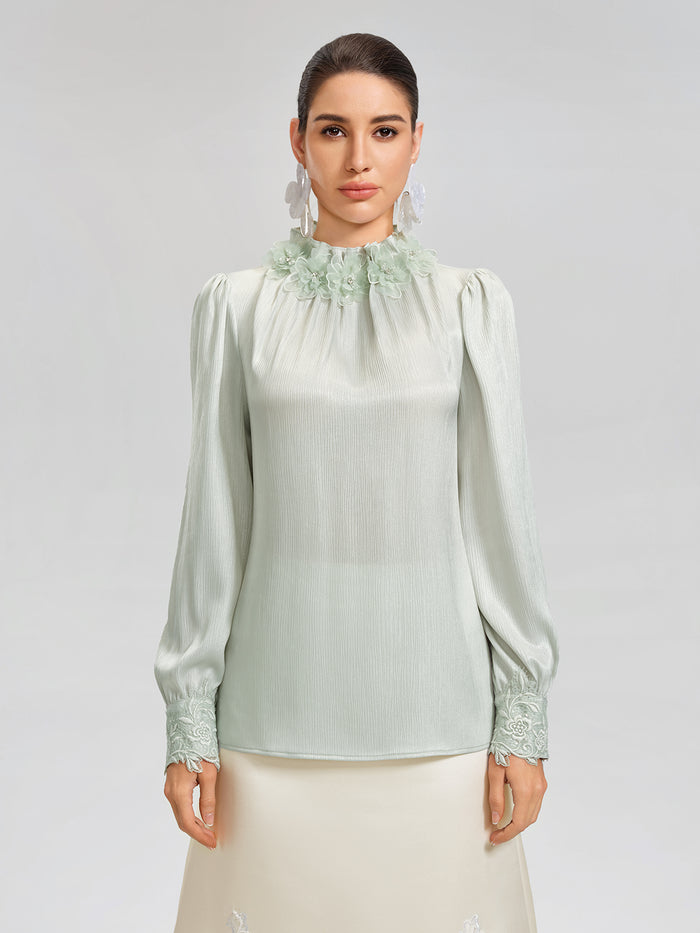 Floral Lace-Trim Puff-Sleeve Top