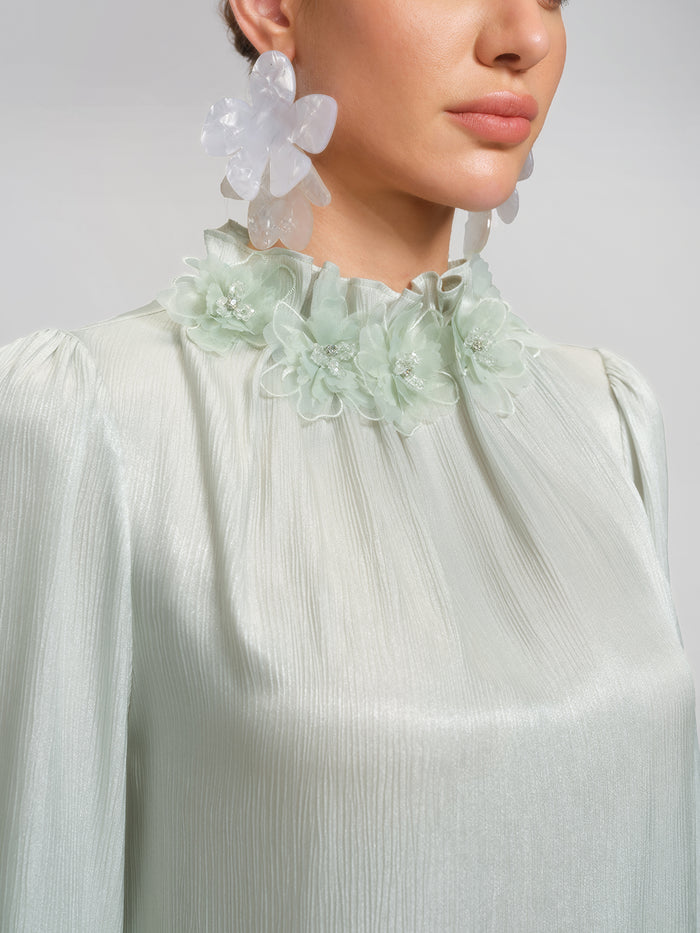 Floral Lace-Trim Puff-Sleeve Top