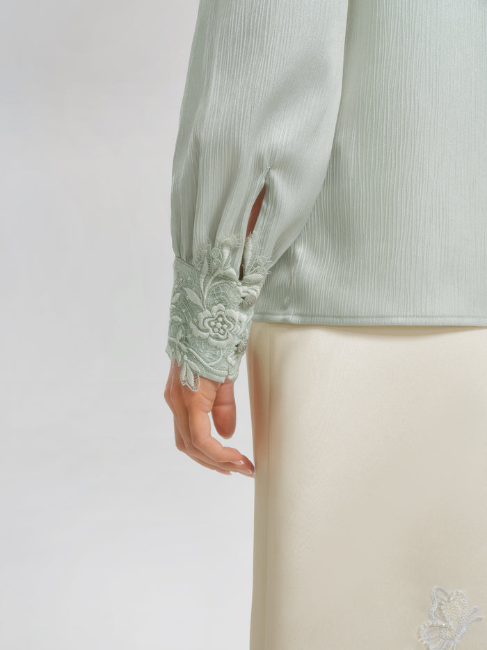 Floral Lace-Trim Puff-Sleeve Top
