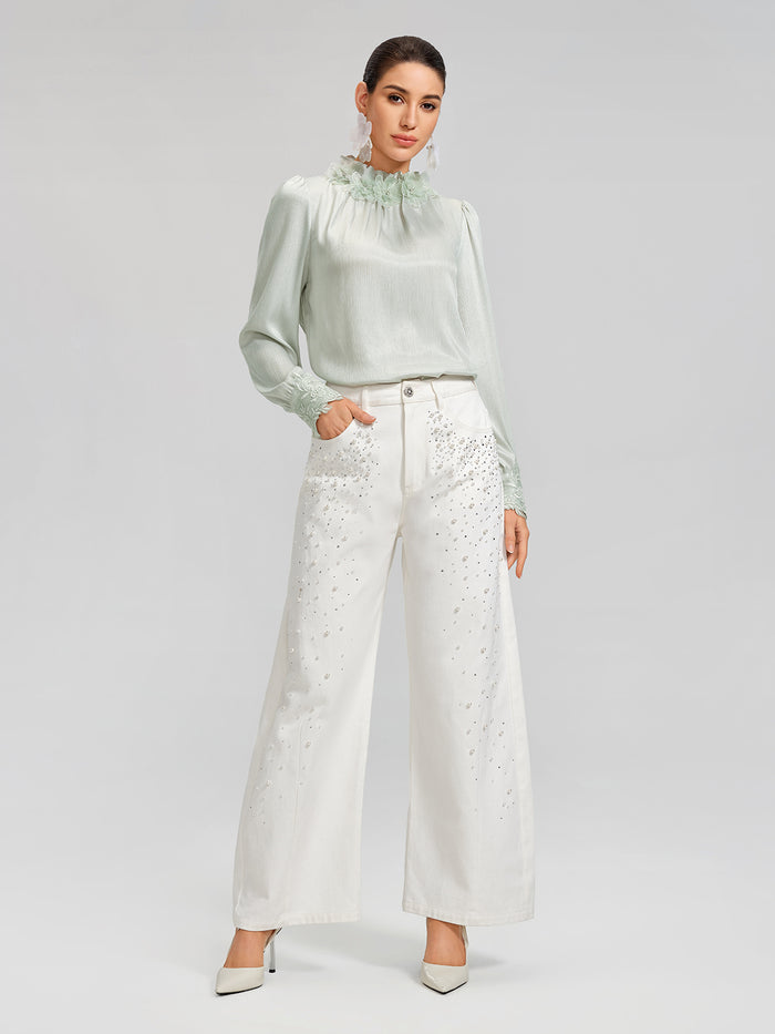 Floral Lace-Trim Puff-Sleeve Top
