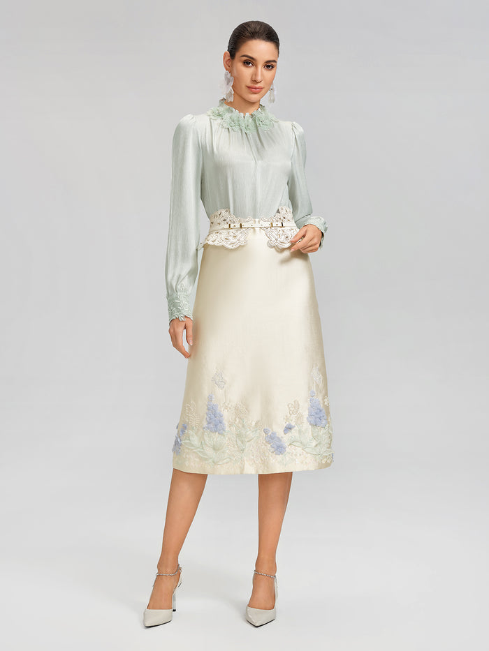 Floral Lace-Trim Puff-Sleeve Top