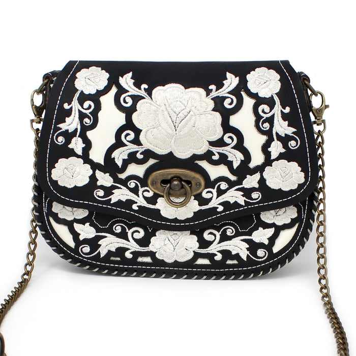 Floral Stitched Cross Body Bag - Black