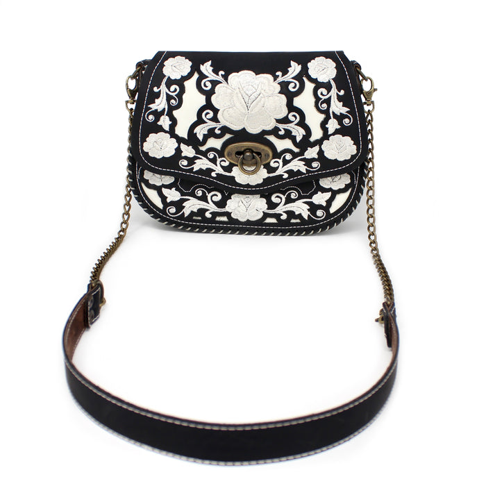 Floral Stitched Cross Body Bag - Black