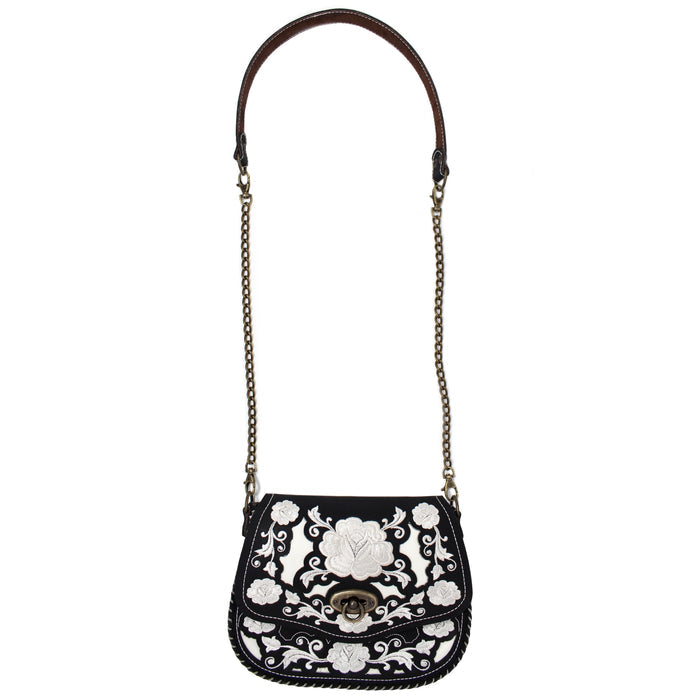 Floral Stitched Cross Body Bag - Black