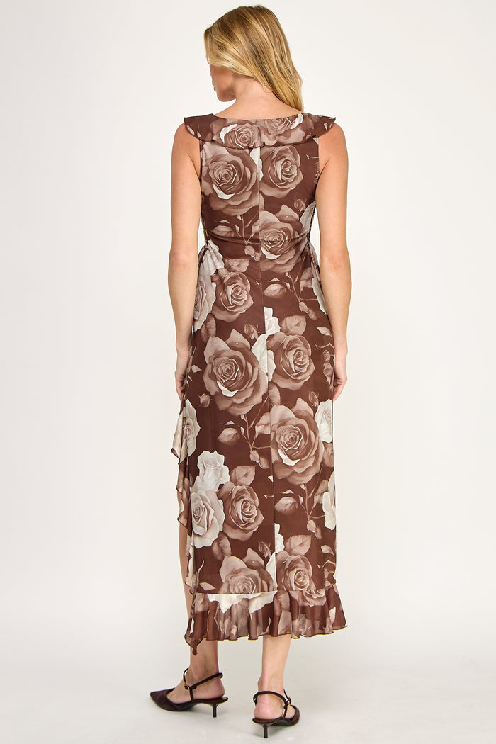 Floral Tiered Ruffle Midi Dress With Side Lace-Up