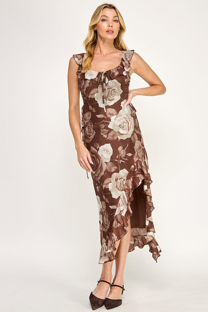 Floral Tiered Ruffle Midi Dress With Side Lace-Up