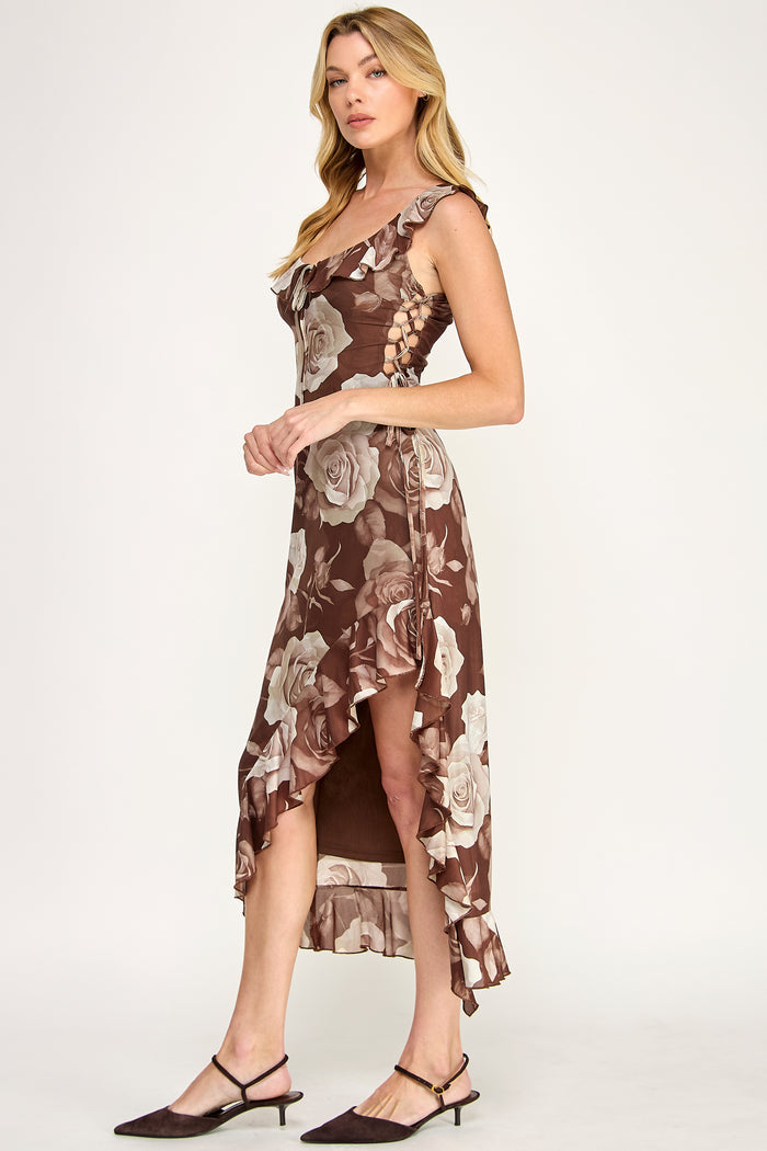 Floral Tiered Ruffle Midi Dress With Side Lace-Up