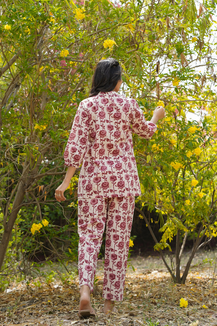 Floral Twines on off white Cotton Loungewear Top Set