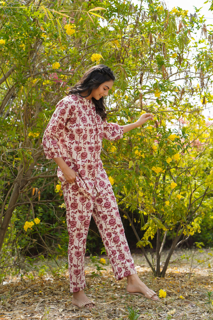 Floral Twines on off white Cotton Loungewear Top Set
