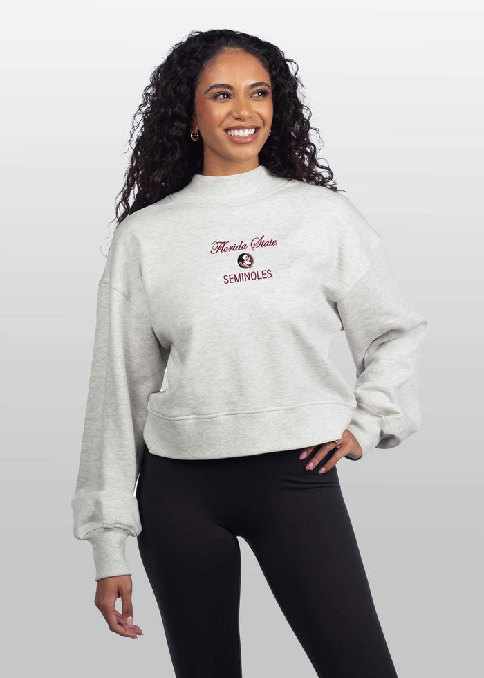 Florida State Seminoles Women's Ash-Grey Relaxed, waist-length Heavyweight Fleece Sweatshirt with mock neck, drop shoulders and balloon sleeves
