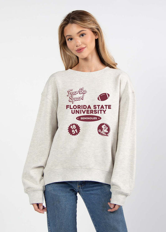 Florida State Seminoles Women's Ash-Grey Relaxed Heavyweight Fleece Sweatshirt with Dropped shoulders, crew neckline, back center seam and ribbed neckline, cuffs and hem